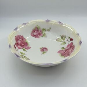 Antique P.K. Silesia Porcelain Bowl 9” Pink Rose Floral Scalloped Edge Germany